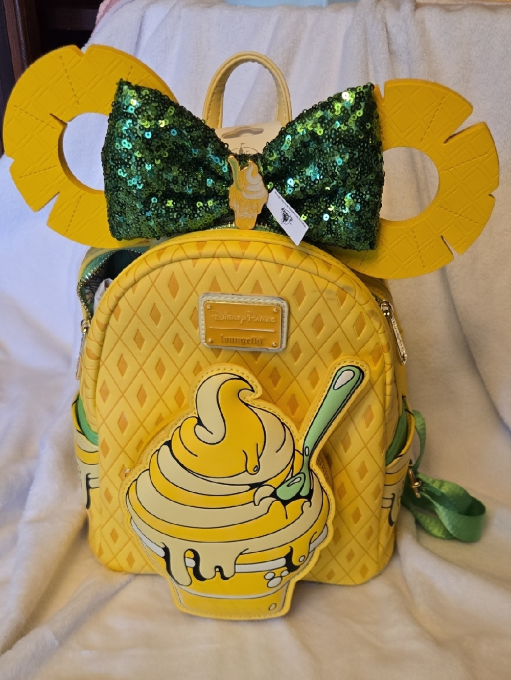 Loungefly Yellow Dole Whip Mini Backpack with Green Sequin Bow Ears